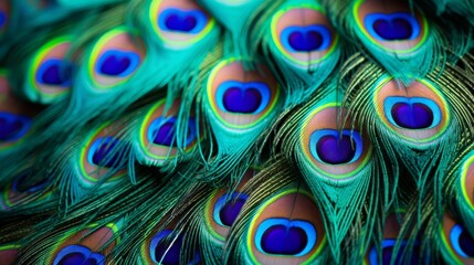 A close up of vibrant peacock feathers, with different colors, patterns, and textures