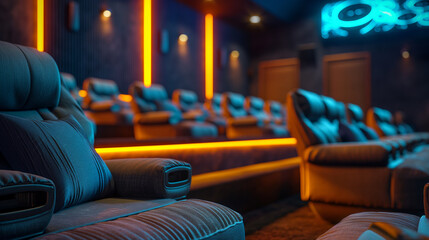 Rows of seats in a cinema with copy banner background