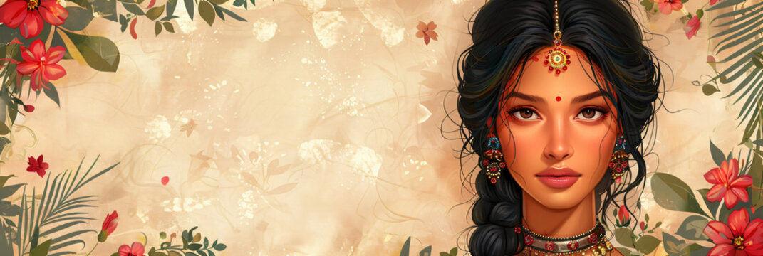 Indian bride girl wearing traditional dress against floral background. Woman in colorful sari. Bollywood star traditional fashion. Ugadi or Gudi Padwa. Religion and ethnic banner with copy space