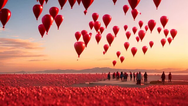 Field Filled With Floating Red Hearts - Love and Joy Celebration in Nature, A sea of heart balloons invite a joyous Valentine's Day celebration, AI Generated
