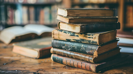 Aesthetic image of vintage books piled on a desk, emphasizing their aged textures and historical...