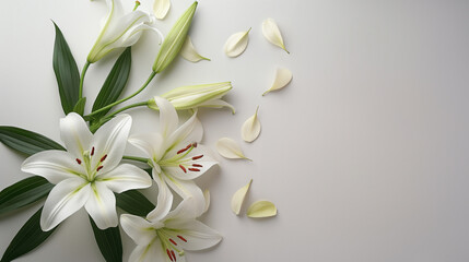gray and white background with white lilies and burning candles and large copy spaces. - obrazy, fototapety, plakaty