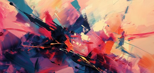 Vibrant abstract art piece featuring dynamic brush strokes and splatters