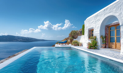 Greek island villa overlooking the Aegean Sea - obrazy, fototapety, plakaty
