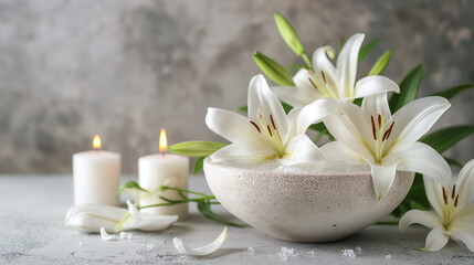 Fototapeta na wymiar gray and white background with white lilies and burning candles and large copy spaces.