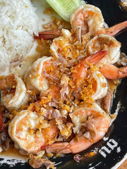 fried shrimp with rice. spicy papaya with black crab Thailand called farmer crab and fresh shrimp that is famous of Thailand Steer food