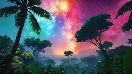 Fototapeta na wymiar Tropical forest with star dust sky background scene