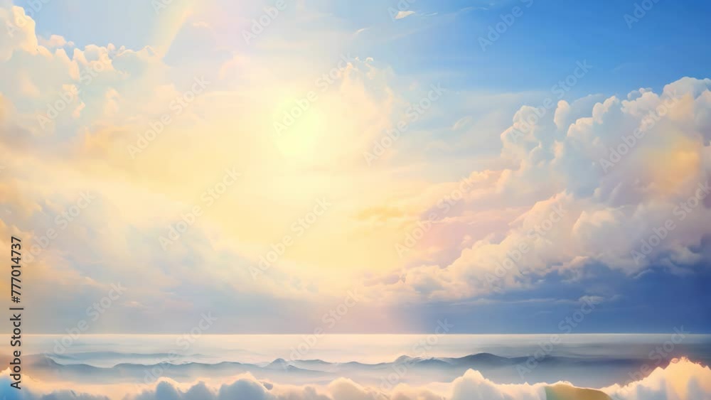 Poster A vibrant painting capturing the beauty of a sunset over the ocean, A serene interpretation of an abstract morning sky meeting the sea, AI Generated