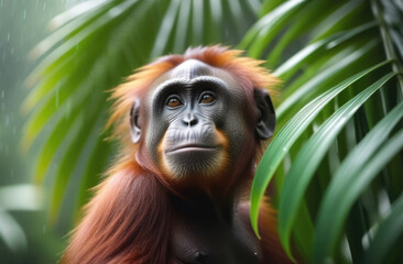 Obraz premium a portrait of a baby orangutan sitting on a branch.