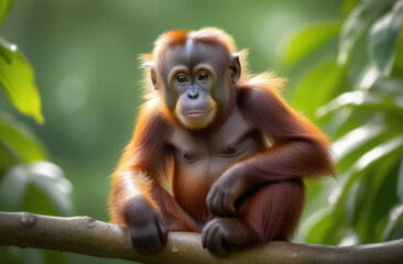 Naklejka premium a portrait of a baby orangutan sitting on a branch.