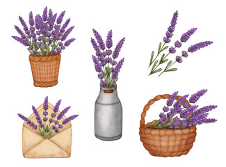 Set watercolor lavender bouquet in bucket, basket, watering can and paper envelope