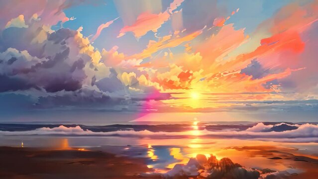 A serene painting capturing the beauty of a sunset on a beach, showcasing vibrant colors in a peaceful landscape, A serene interpretation of an abstract morning sky meeting the sea, AI Generated