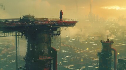 Amidst the industrial madness a lone figure stands atop a massive crane surveying the sprawling metropolis below. - obrazy, fototapety, plakaty