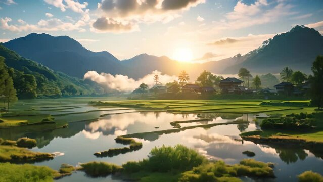 A picturesque view of the sun setting over a serene rice field, creating a captivating and peaceful ambiance., A serene sunrise over an organic rice paddy field, AI Generated