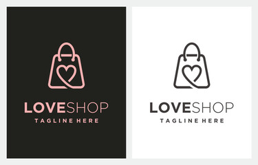 Love Shop Bag Heart Pink Line Art logo design vector icon