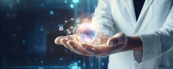 doctor holding a glowing earth globe in his hands hands touching global network concept on a bokeh background