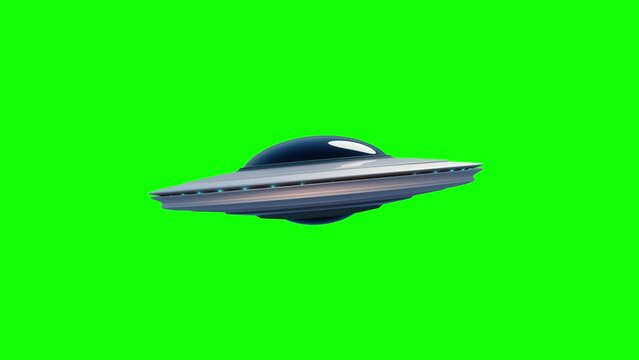 UFO Flying Saucer in Sky and isolated on Green Screen Chromakey background for keying and Purple color. Looped animation footage of Rotating Starship in 4K, Alpha mask channel included. 