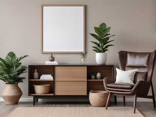 Mockup frame on the wall of minimal living room, interior mockup with house background, frame mockup