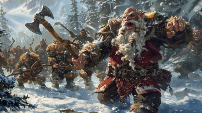 The back of a burly dwarf can be seen as he excitedly gestures to his companions reliving the thrill of battling giant trolls with . .