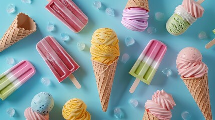A collection of ice cream cones and popsicles on a cool, blue background, 3D render clay style , summer background, top view, copy space, studio shooting