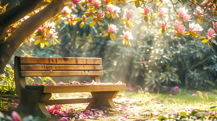Park bench sits under ethereal glow of magnolia blooms, embodying peaceful solitude, health, fresh...
