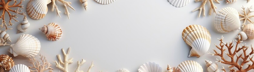 A minimalist layout of seashells and coral on a white background, 3D render clay style , summer background, top view, copy space, studio shooting - obrazy, fototapety, plakaty
