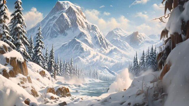 This image depicts a breathtaking snowy mountain landscape captured through a beautiful painting., A snowy mountainous landscape with pine trees, AI Generated
