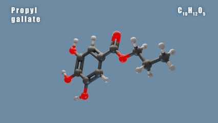 Propyl gallate of C10H12O5 3D Conformer animated render. Food additive E310 - obrazy, fototapety, plakaty