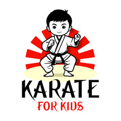 Vector Cartoon Boy in karate discipline. Martial arts school for childrens. Baby Karate logo. Strong kids concept.