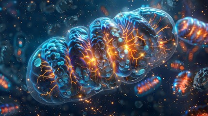 A 3D reconstruction of a mitochondrion highlighting its dynamic structure and its role as the birthplace of cellular energy. The different - obrazy, fototapety, plakaty
