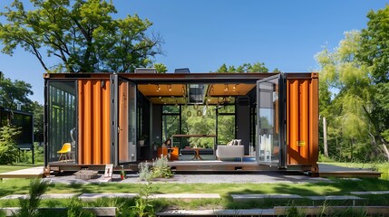 Contemporary Shipping Container House: Small Dwelling with Expansive Glass Panels for Modern Living