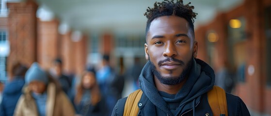 A portrait of a black man on a college campus with students in the background. Concept Outdoor Photoshoot, College Campus, Portrait, Students, Diversity - Powered by Adobe