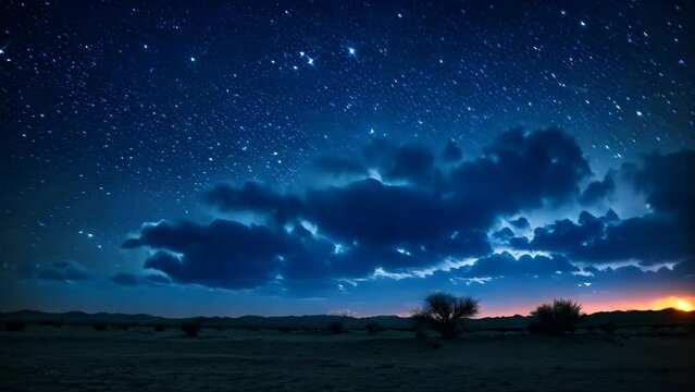 This image shows a breathtaking view of the night sky adorned with countless stars and wisps of clouds, A starry night sky over a calm desert landscape, AI Generated