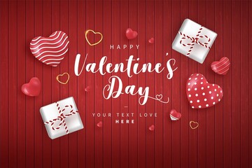 Happy Valentines Day Background With Wood Texture Realistic 3D Elements