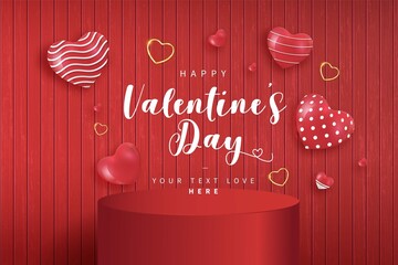 Happy Valentines Day Banner With Hearts Wood Background