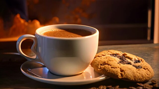 A cup of coffee alongside a delicious cookie resting on a saucer, A steaming hot cup of coffee paired with a chocolate chip cookie, AI Generated