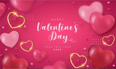 Happy Valentines Day Pink Background With Realistic Hearts Frame