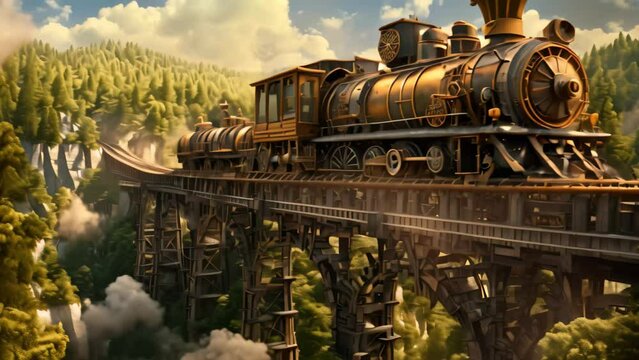 A train is seen crossing a sturdy bridge over a beautiful river in a picturesque countryside setting, A steampunk-inspired locomotive crossing a trestle bridge, AI Generated