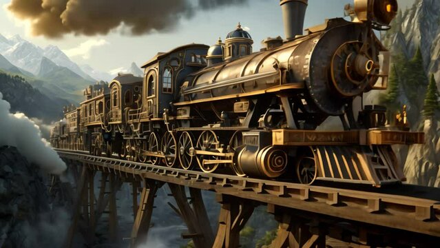 An impressive painting that depicts a train crossing a bridge, capturing the awe-inspiring moment in a single brushstroke, A steampunk-inspired locomotive crossing a trestle bridge, AI Generated