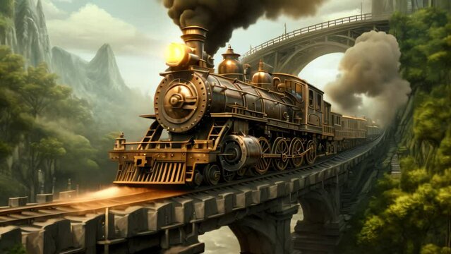An artistic rendition of a train making its way across a picturesque bridge surrounded by water and scenic landscapes, A steampunk-inspired locomotive crossing a trestle bridge, AI Generated