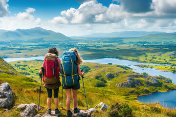 Hikers with backpacks relaxing on top of a mountain and enjoying valley view - 777017555