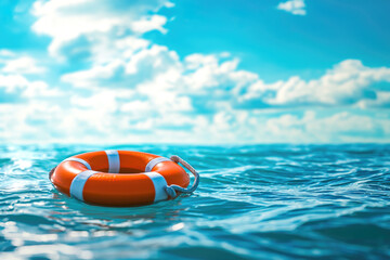 Lifebuoy floating in blue sea - 777017570