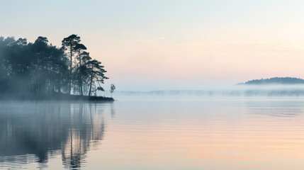 Tranquil dawn scene at a serene lake with fog delicately enveloping a forest on the shoreline