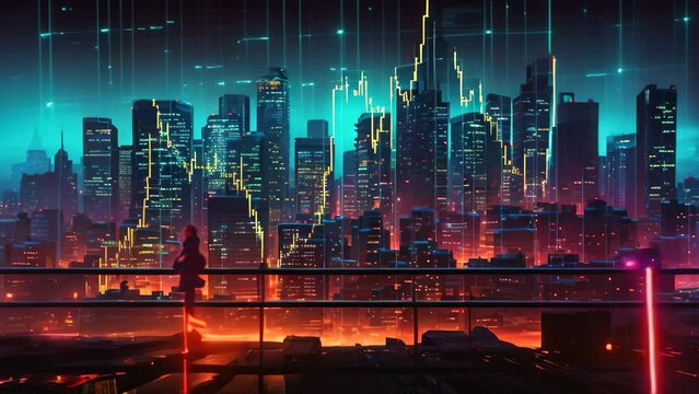 This captivating image showcases a bustling city with a remarkable display of tall buildings stretching into the sky, A steeply rising stock market chart in a cyberpunk style, AI Generated
