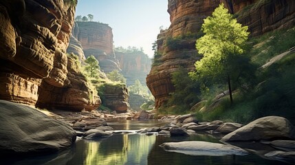 A stunning and majestic view of a tranquil canyon with a natural bridge that spans the river - obrazy, fototapety, plakaty