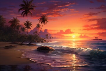 A  beach scene at sunset with palm trees, AI generated