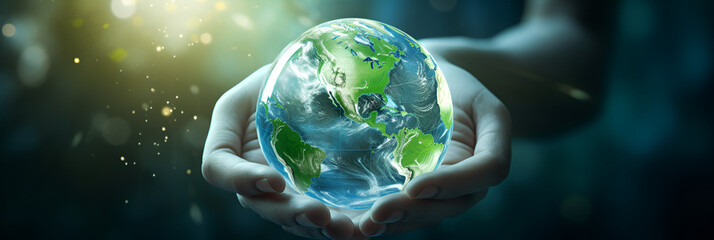 the planet Hud in a person's hand Green planet in the hands of children in background Concept of the Environment World Earth Day
