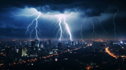 Naklejka na ściany i meble Dramatic cityscape under electrifying storm