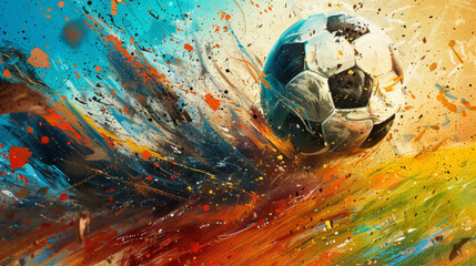 An explosive illustration of a soccer ball in motion with dynamic colored paint splashes against a...