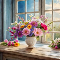 flowers in a window.a light wooden table positioned near windows that flood the room with natural light, featuring a stunning display of vibrant fresh flowers that infuse the space with color and vita - obrazy, fototapety, plakaty
